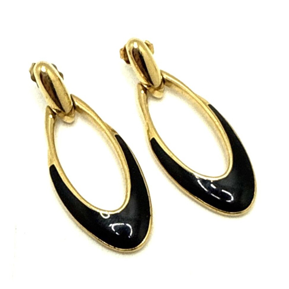 CROWN TRIFARI Earrings Open Teardrop Black Enamel Gold Tone Pierced Dangle 1.75"